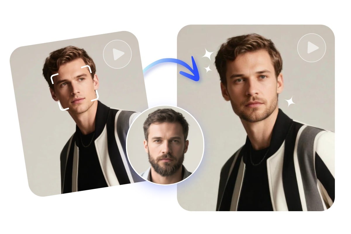 Merge the face of one man onto another man and create a face morph video