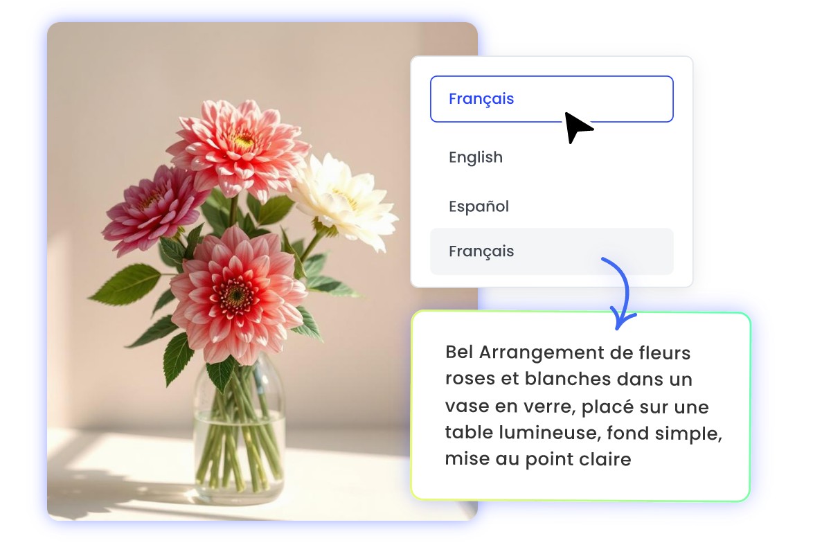 Multilingual image to prompt generator featuring transforming a flower image into text prompts in French