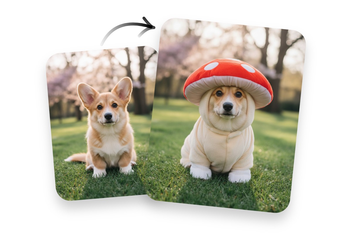 ワンタップで魔法のように変身！きのこ犬をAIで一瞬に生成