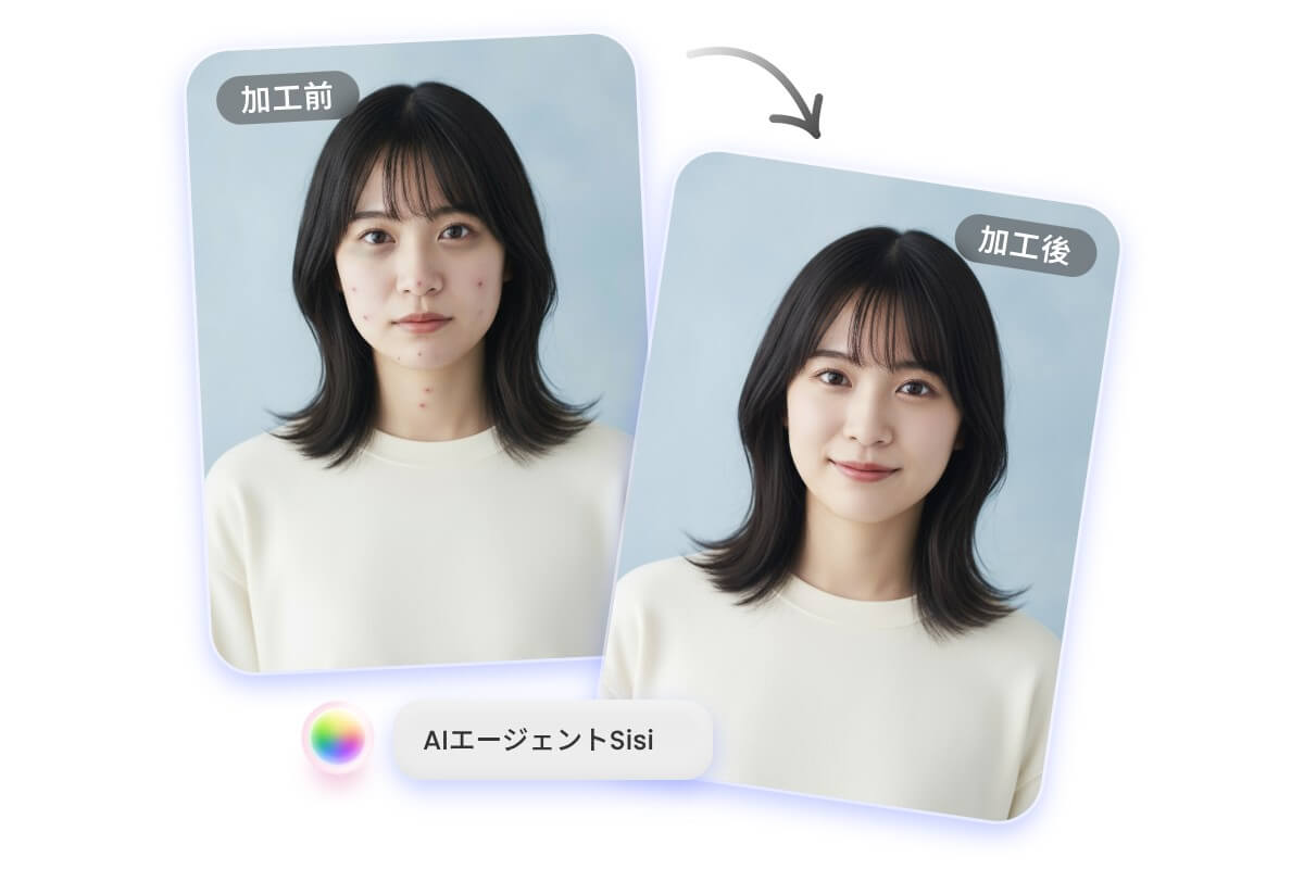 加工前と加工後のAIエージェントSisiのかわいいマイナンバーカード写真