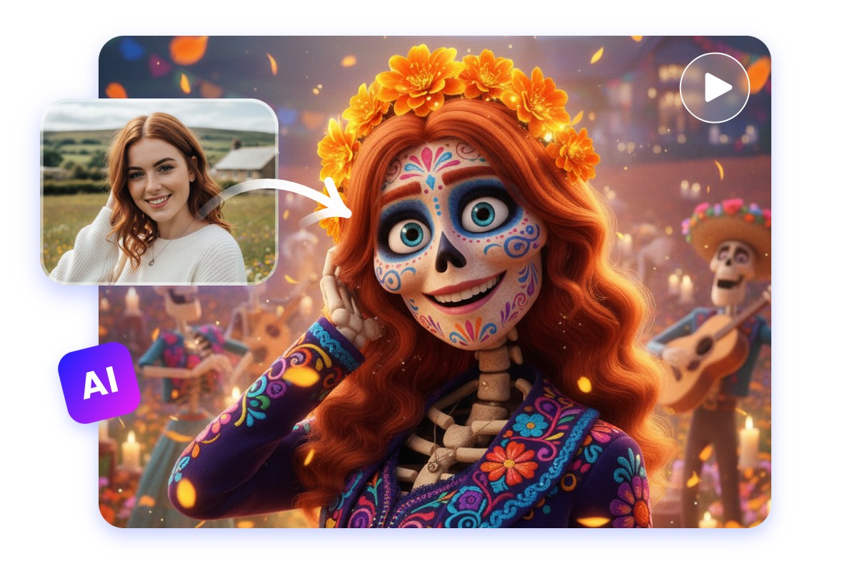 One click AI coco style portrait transformation in Fotor featuring a red hair female