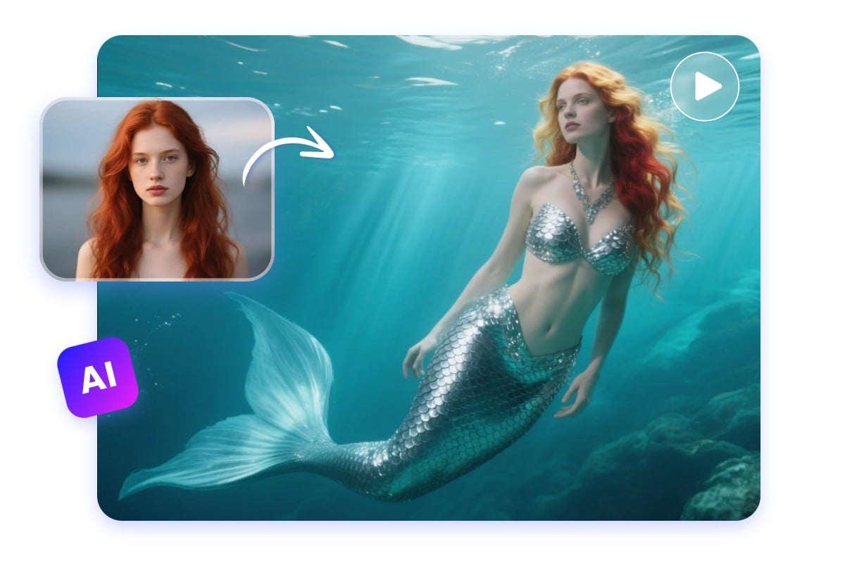 One click AI mermaid transformation in Fotor featuriing a red hair female mermaid