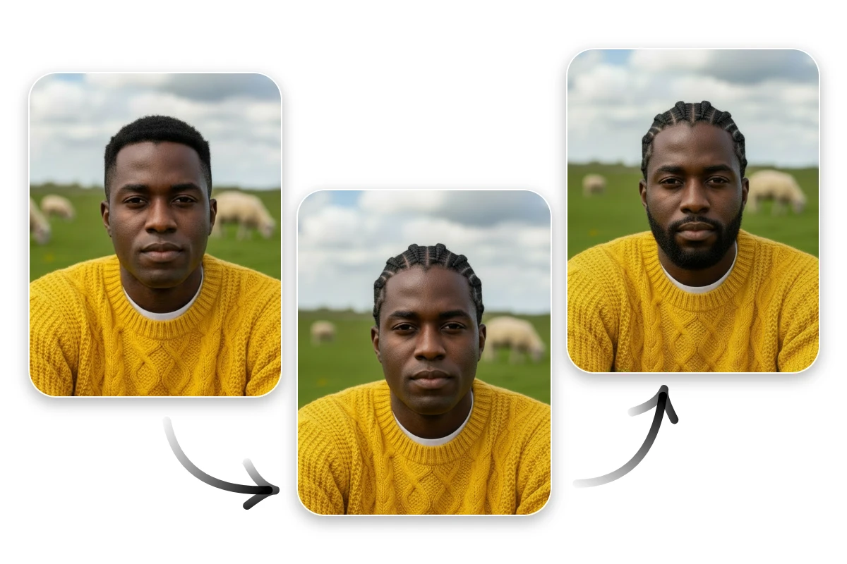 One stop AI face hair simulator for men featuring changing hairstyle into Cornrow and adding beard for a black man