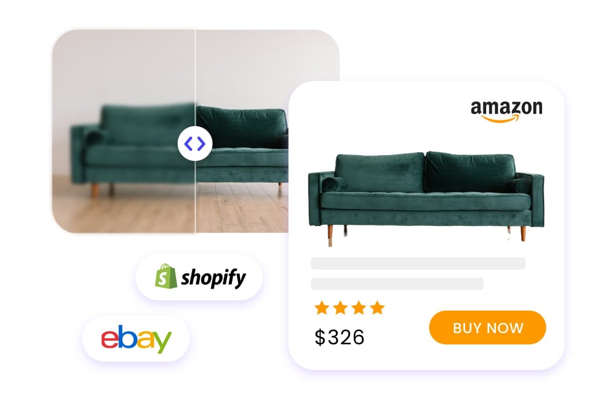 Photo enhancer usage scene featuring a sofa listed on multiple platforms