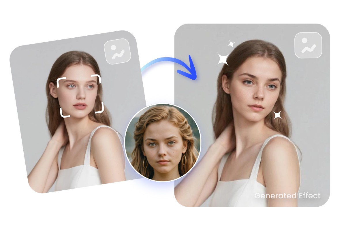 Photo face swap effect featuring a woman in white dress