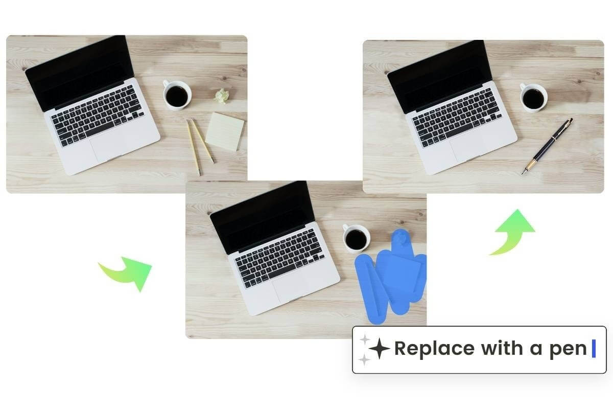 ノートパソコン、コーヒー、鉛筆、付箋が置かれた机の写真をFotorの消しゴムマジックツールで不要なものを消し、黒いペンに置き換えました