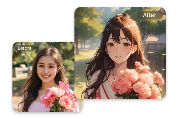 女性の自撮りをAIアニメフィルターを適用する