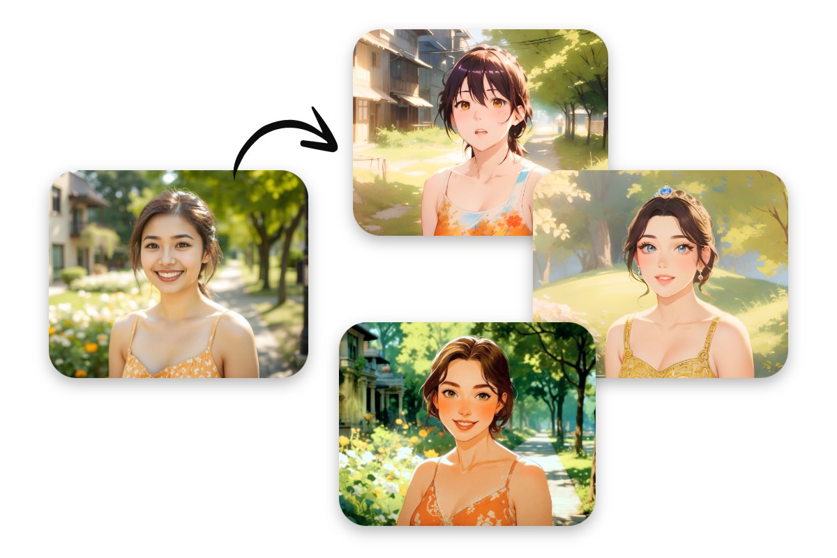 FotorのAIアニメ化機能で女性も写真に3つの異なるアニメフィルターを適用する