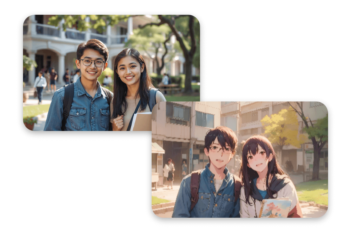 肩を寄り添う男女の二人がニコニコ笑っている写真をイラスト化