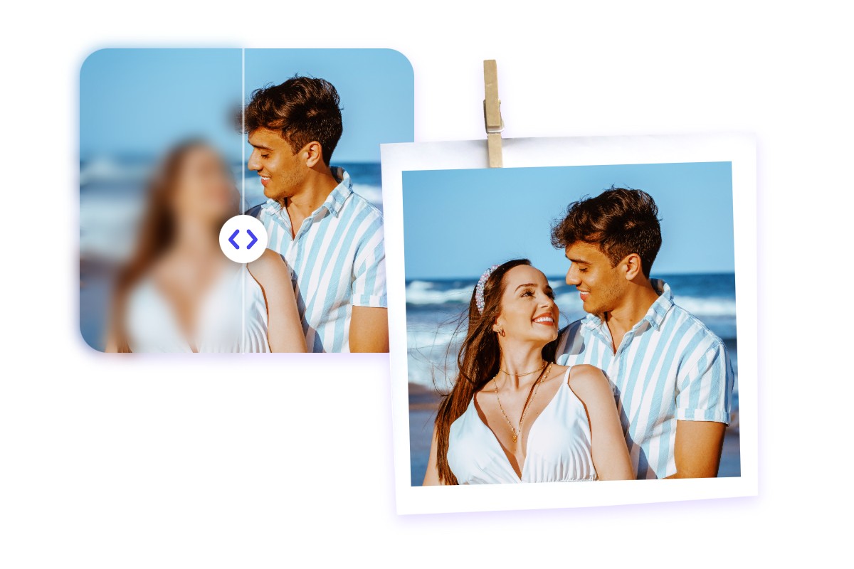 Picture enhancer usage scene featuring couple smiling at the beach