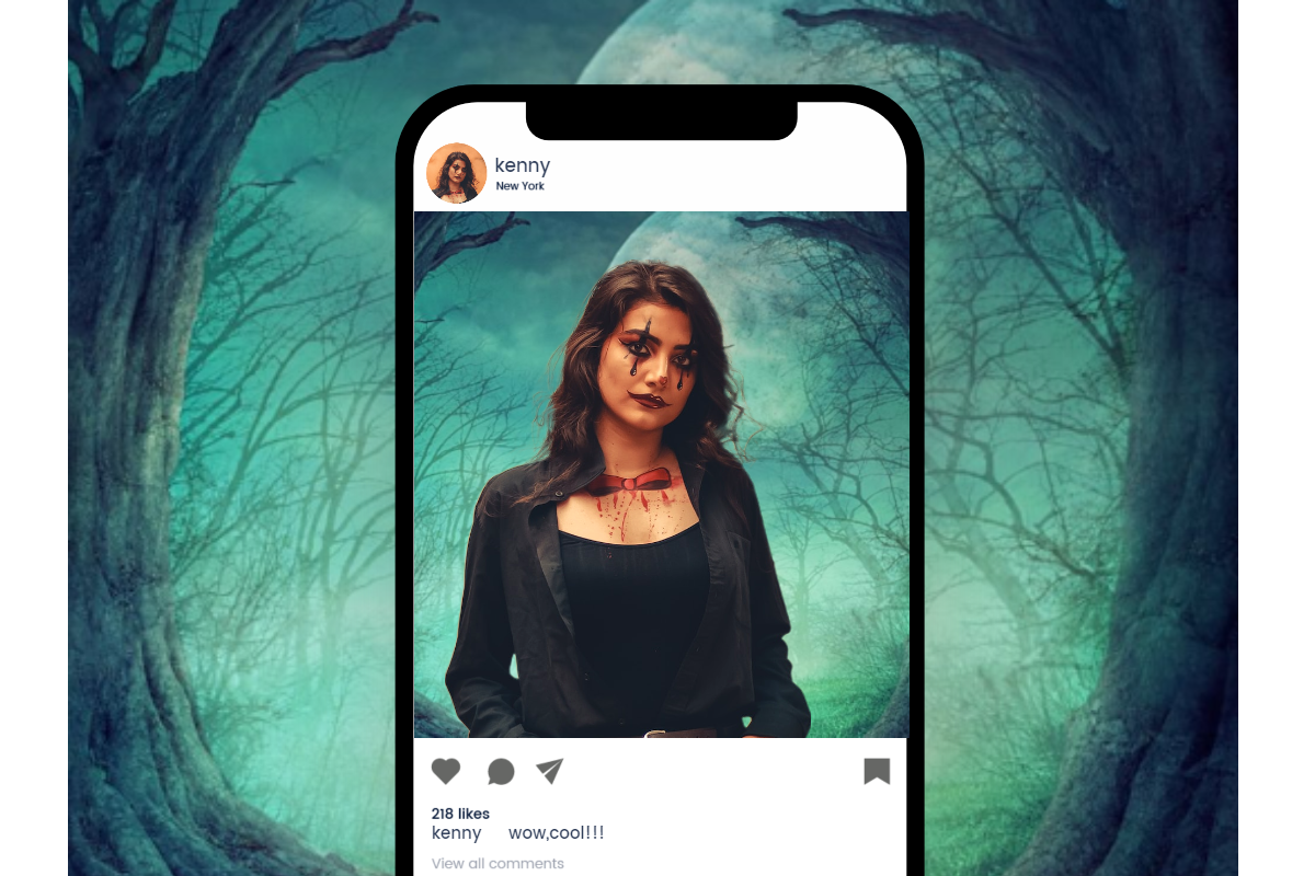 Post a halloween themed picture to social media with a halloween background