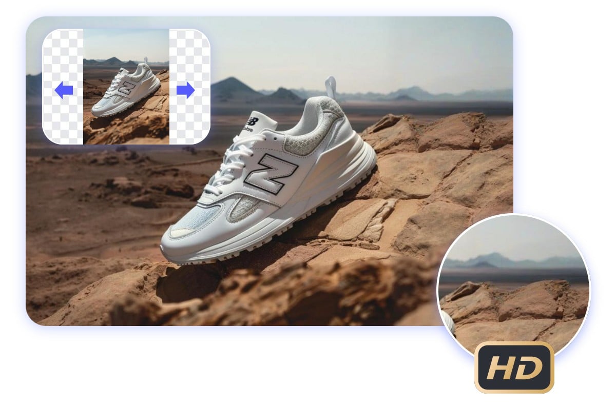 Realistic and seamless AI image background expansion featuring a shoe