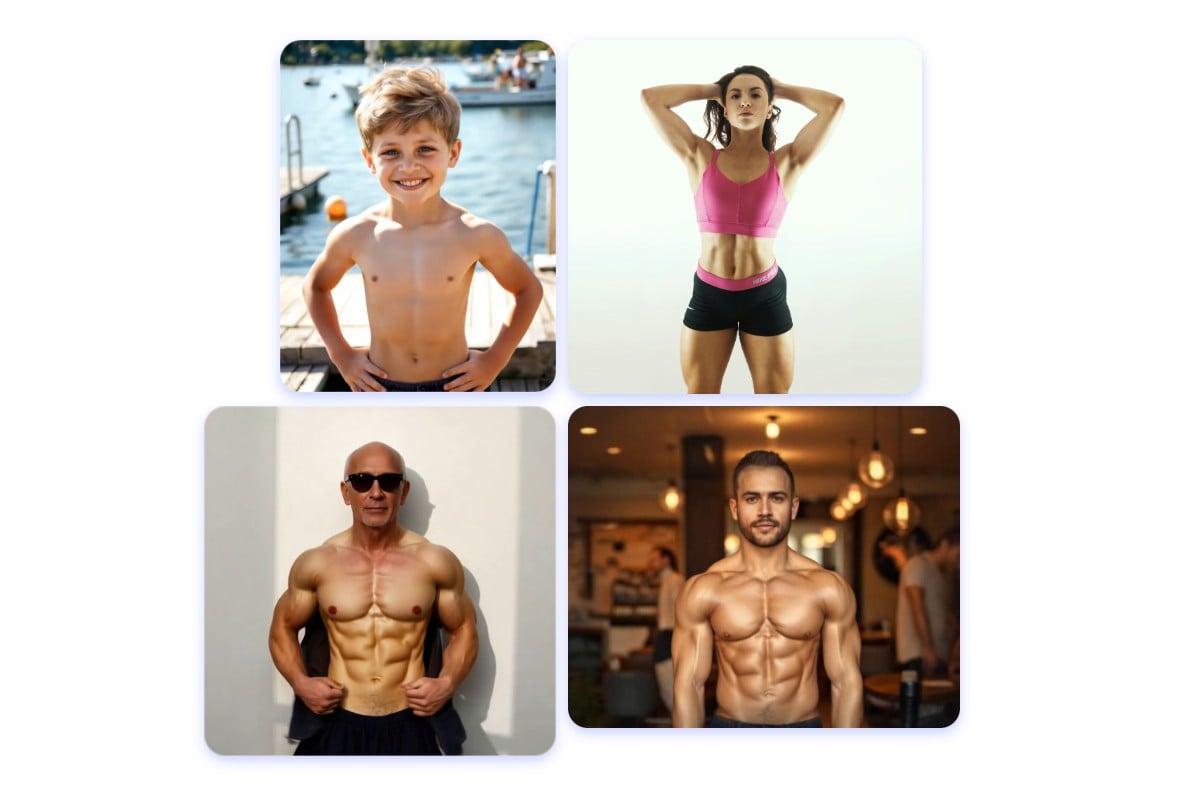 Realistic AI muscle man, muscle girl, muscle kids and muscle senior generated by Fotor AI muscle generator