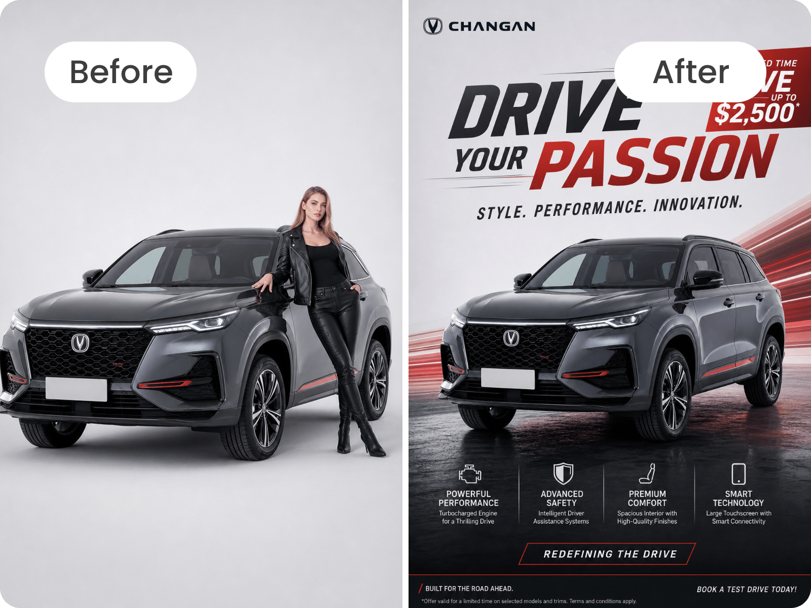 Remove a female model from a car photo and make it a marketing visual