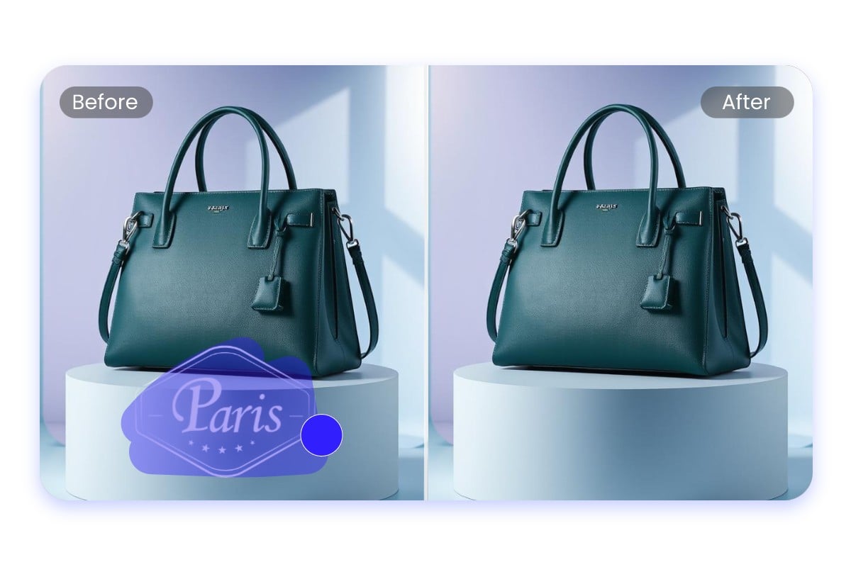 Remove a logo signature from a photo of a green handbag