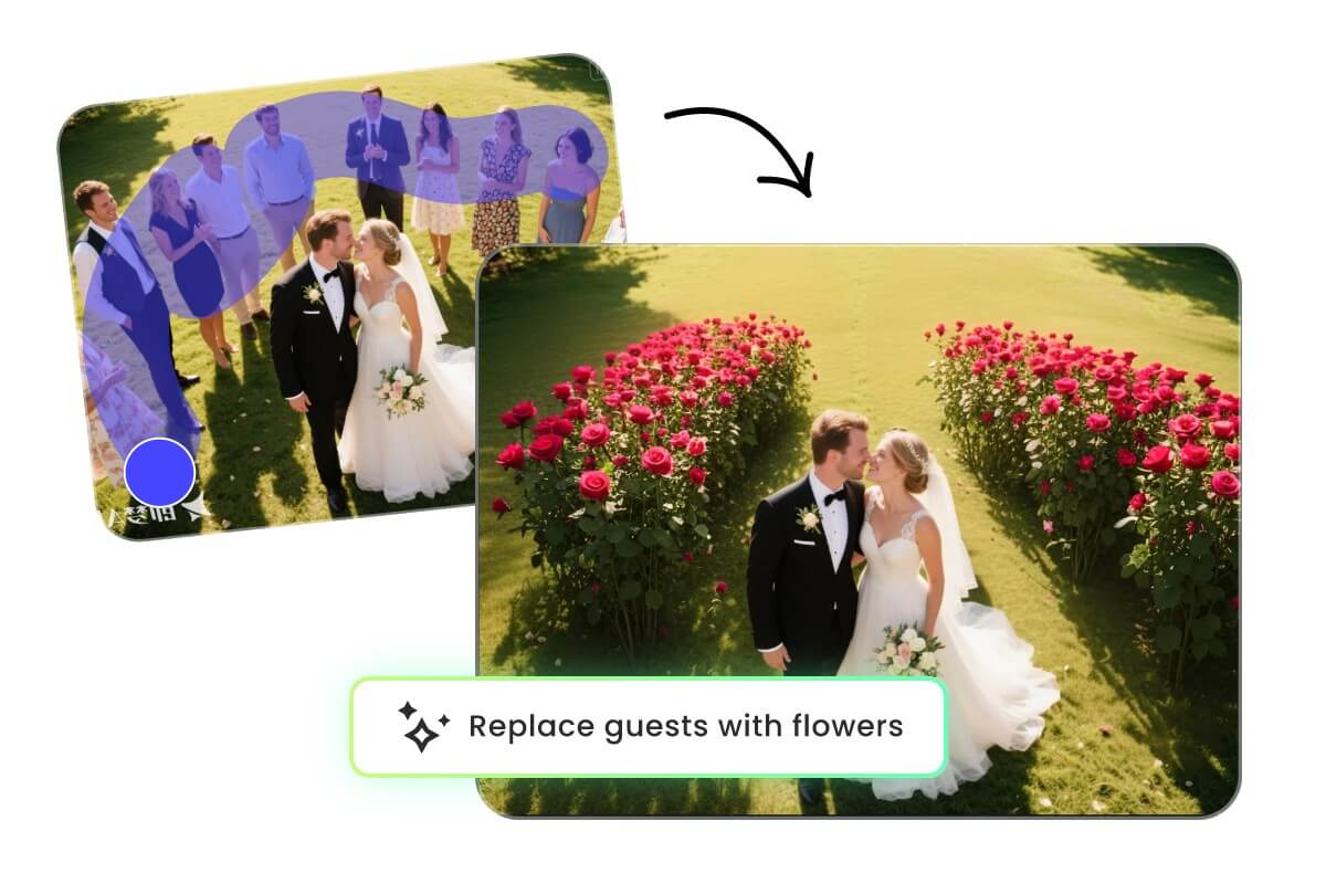 Remove and replace people in a wedding photo with realistic red rose bushes using Fotor AI replace tool