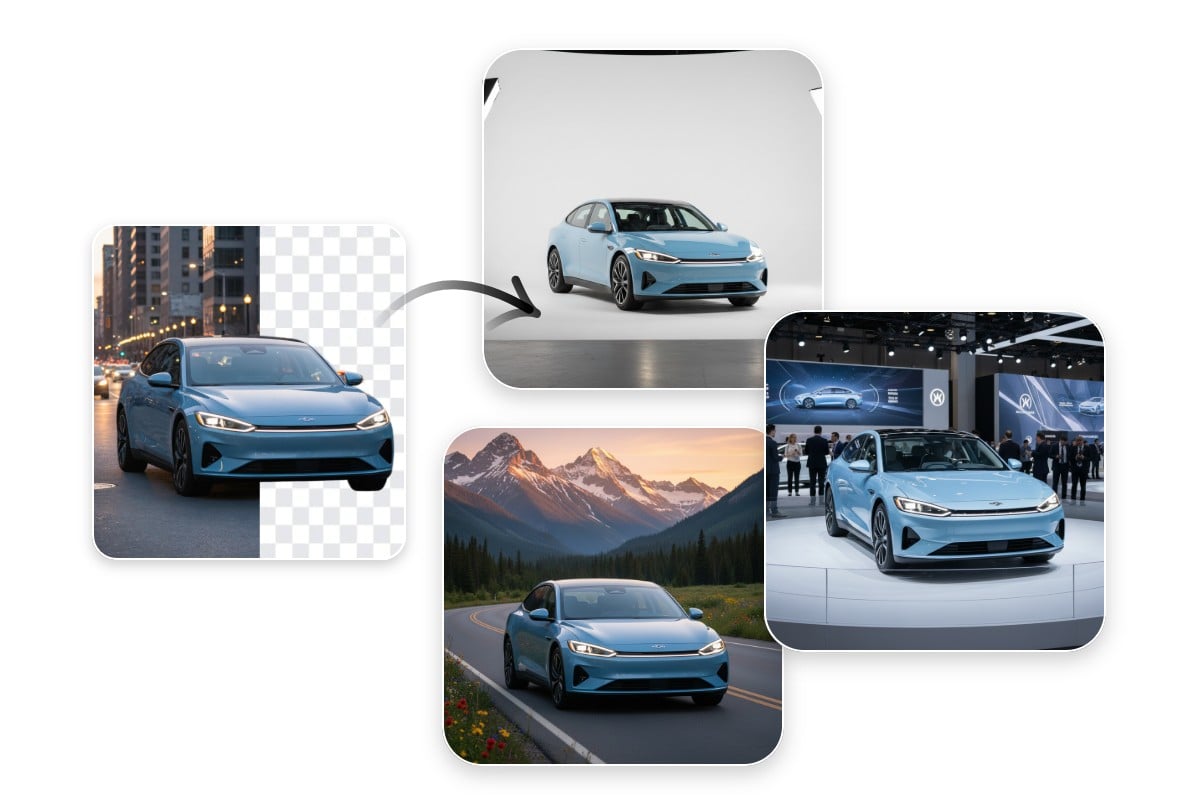 Remove and replace the background of a blue car photo