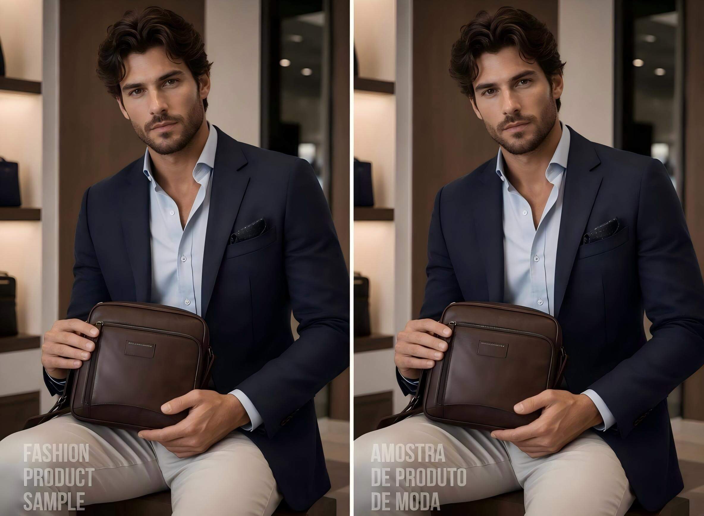 Remova e substitua o texto em uma foto de um modelo masculino exibindo uma bolsa