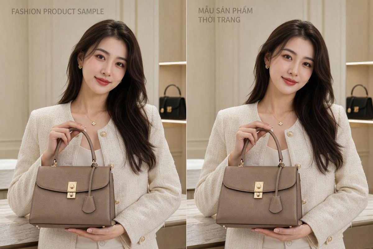 Remove and replace the text to veitnamese in a female model visual