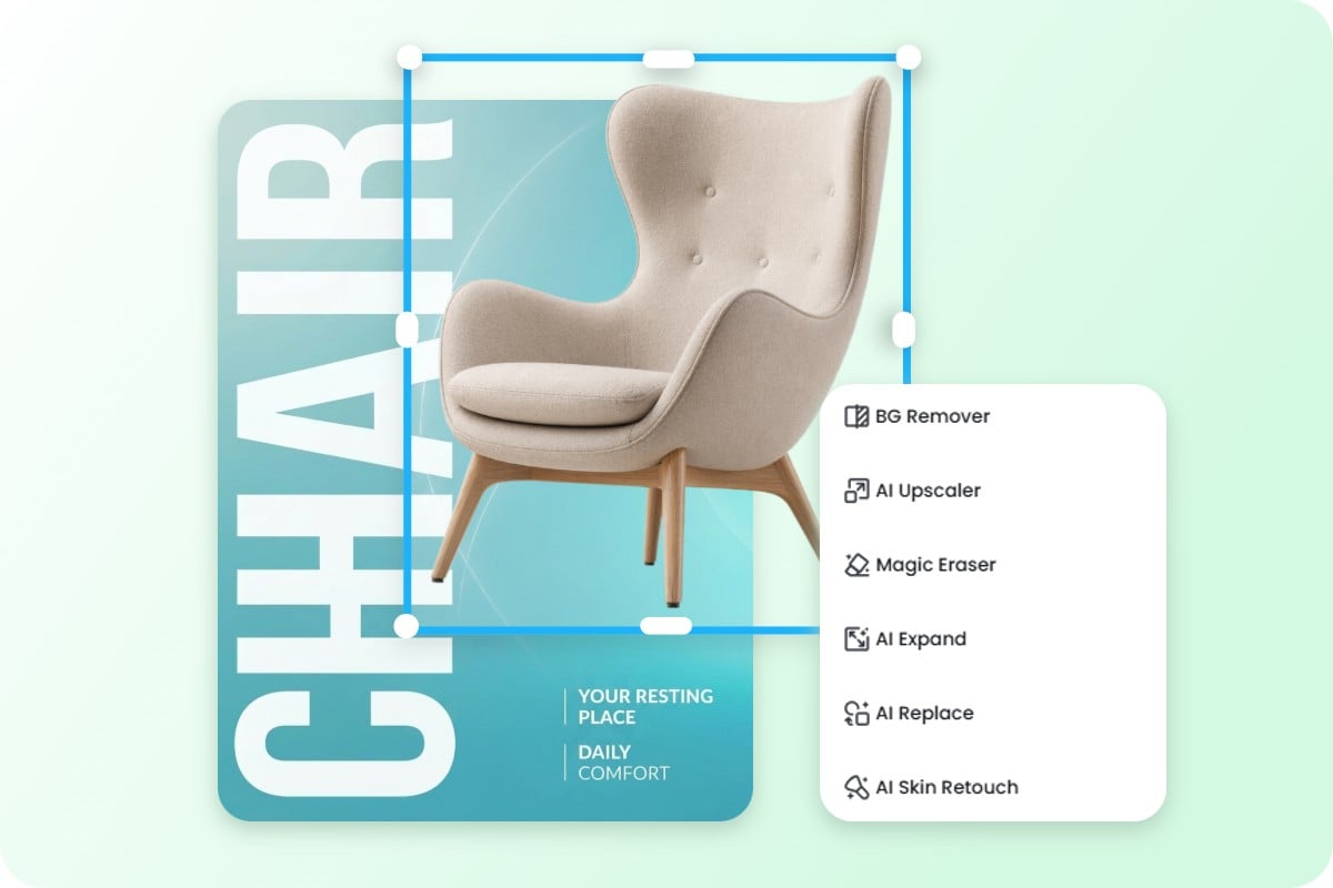 Remove background of an arm chair using Fotor AI background remover with editing tools for text layout and visual customization to create a product ad banner