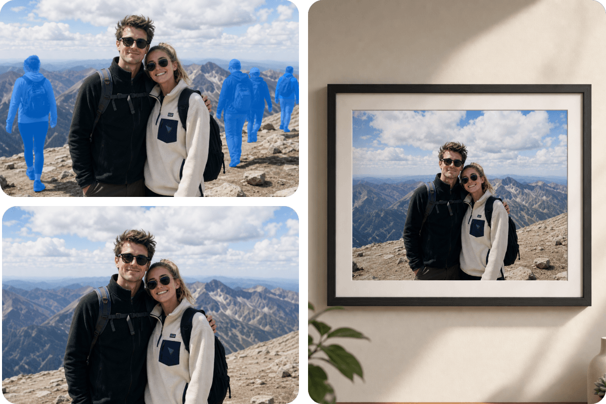 Remove background people from a couple travel photo and print it out