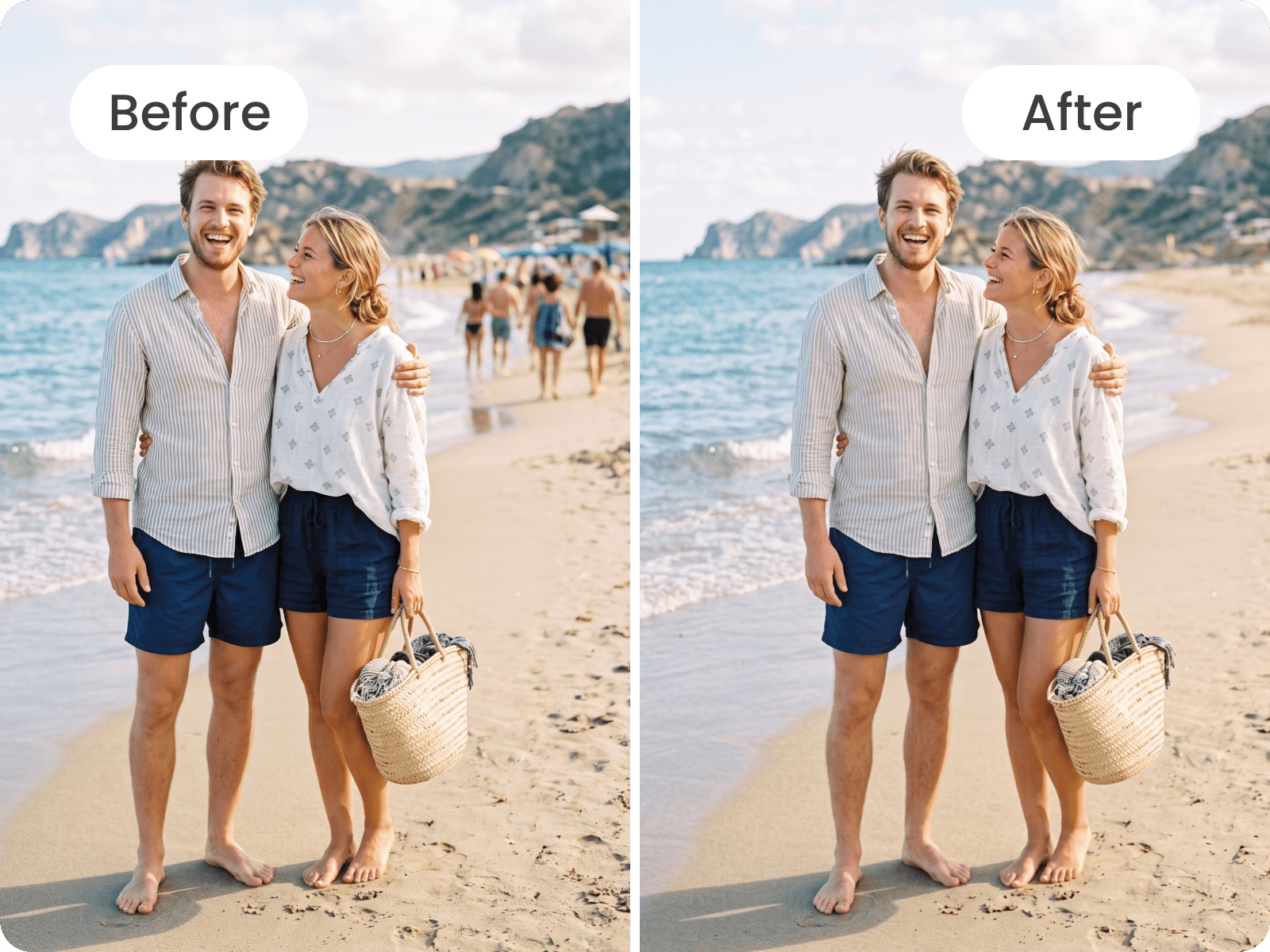 Remove background people from a travel photo of a couple photo