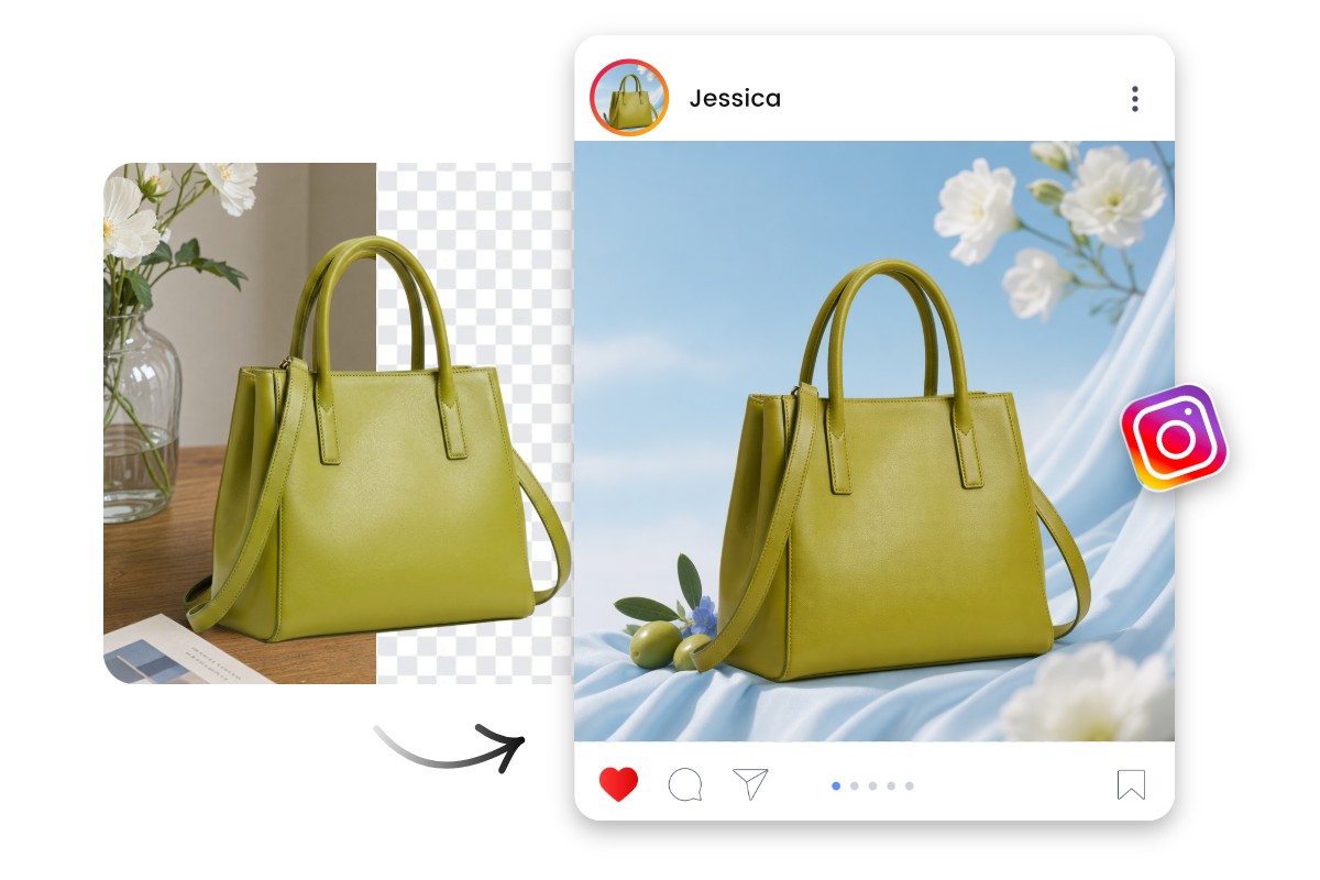 Remove bg from a green bag visual and appy a sky bg and share it on social media