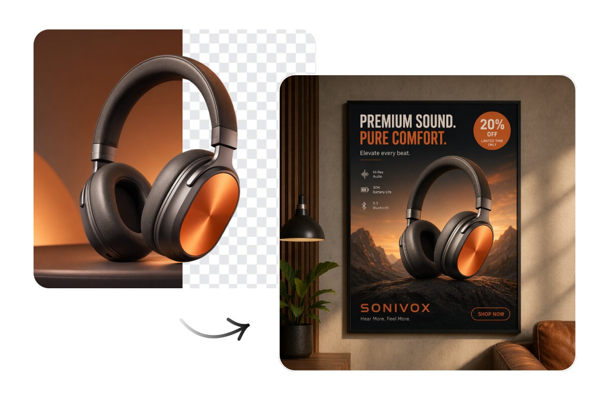 Remove bg from an earphone visual and make it a printing poster