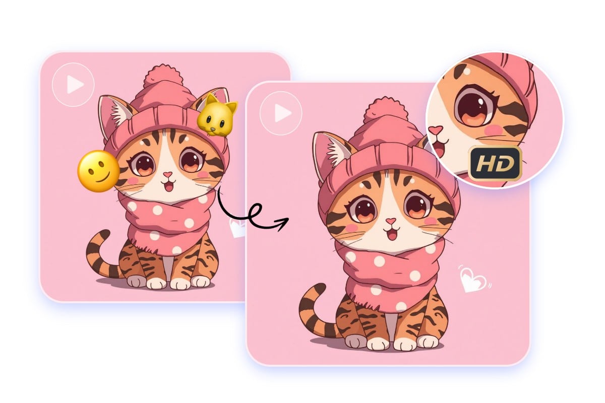 Remove emojis from a video of an anime cat and get a result without blur