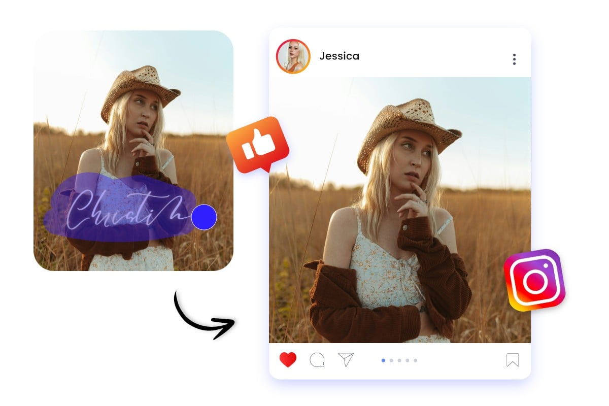 Remove signature from a photo of a girl with a cowboy hat and share it on social media