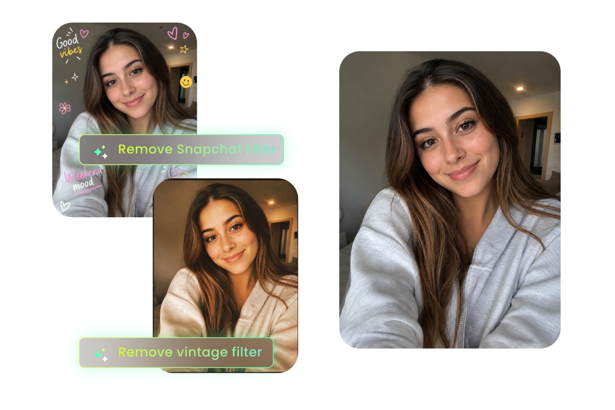 Remove snapchat filter and vinatge filter from a female selfie