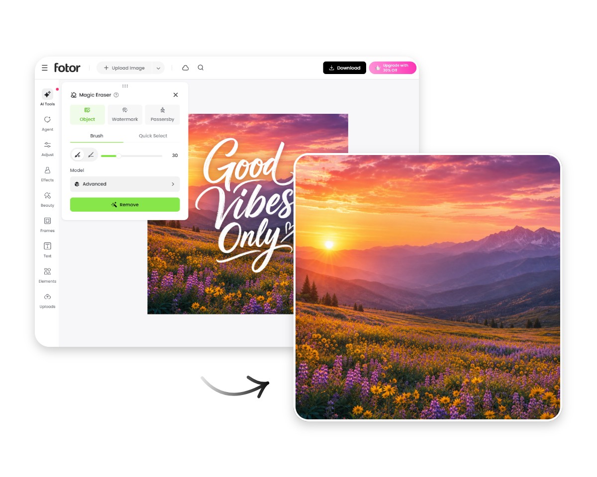 Remove text from a sunset scenery visual in fotor