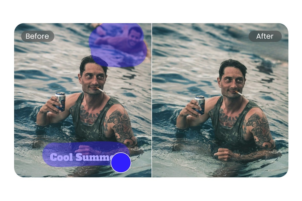 Remove text people and watermark from the picture of swimming man