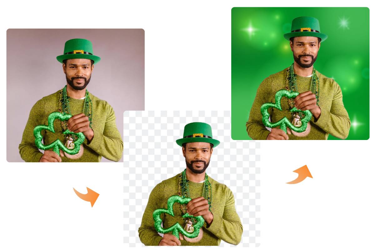 Remove the background of a man image and change it to green shamrock background