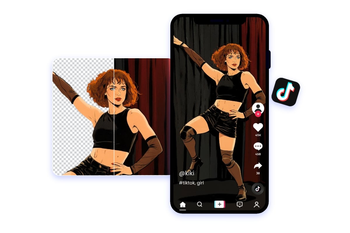 Remove the bg of a video of a cartoon girl with a black tubetop and share it on tiktok