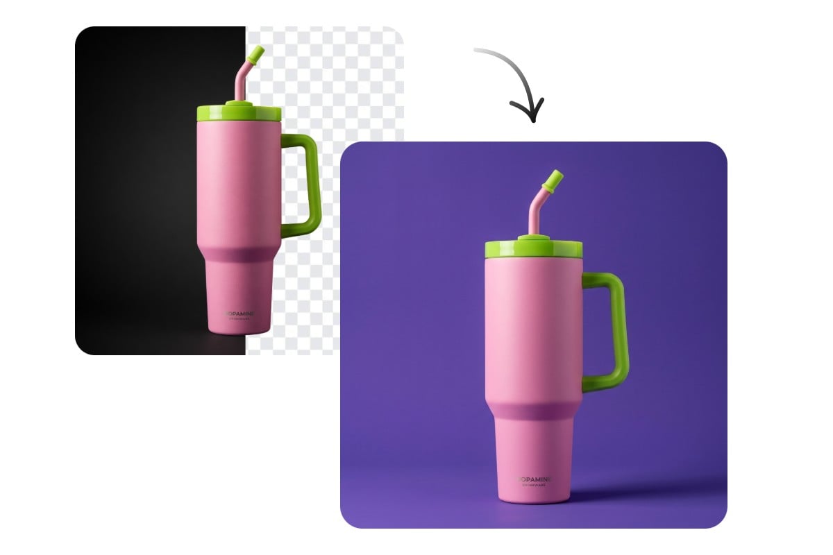 Remove the black background from a pink cup image and change it to a new background