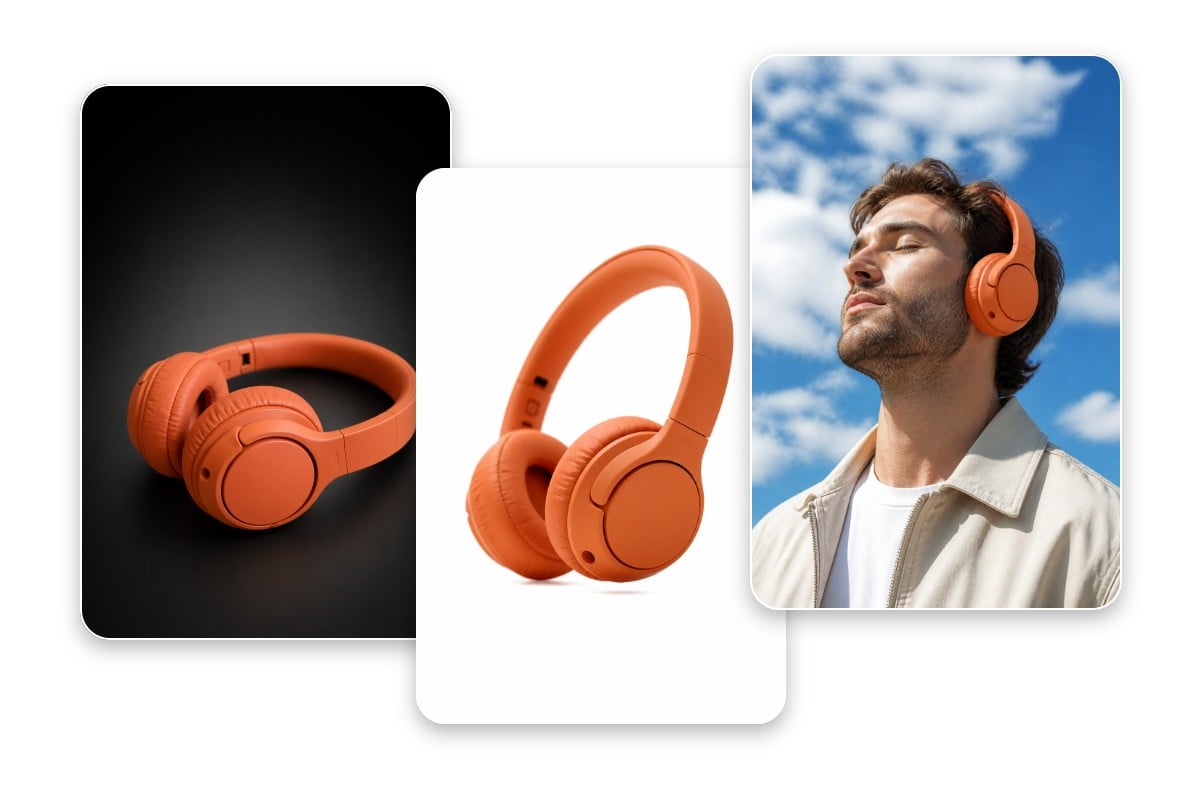 Remove the black background from an orange headphones image and create an aesthetic model product image