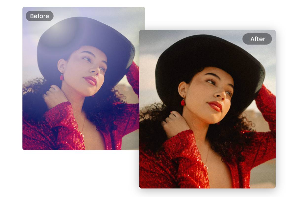 Scoateți filtrul de strălucire de la o femeie care poartă imagini de ținute roșii folosind fotor filtru îndepărtare