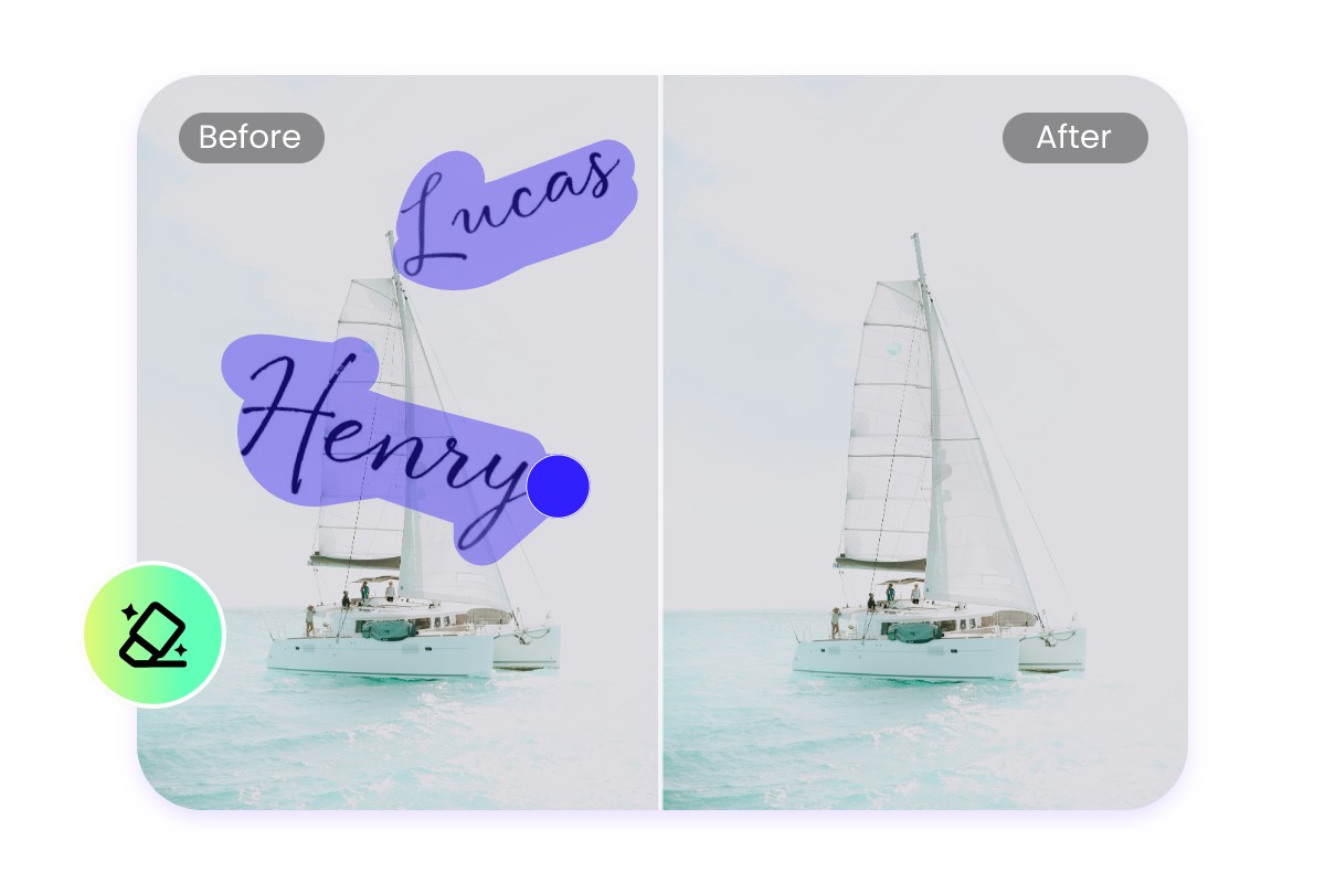 Remove two signatures from a photo of a sailing boat