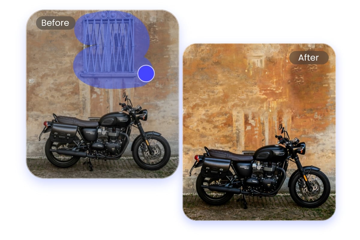 Remove unwanted objects from a pmotorcycle photo like stains spots molds and any items