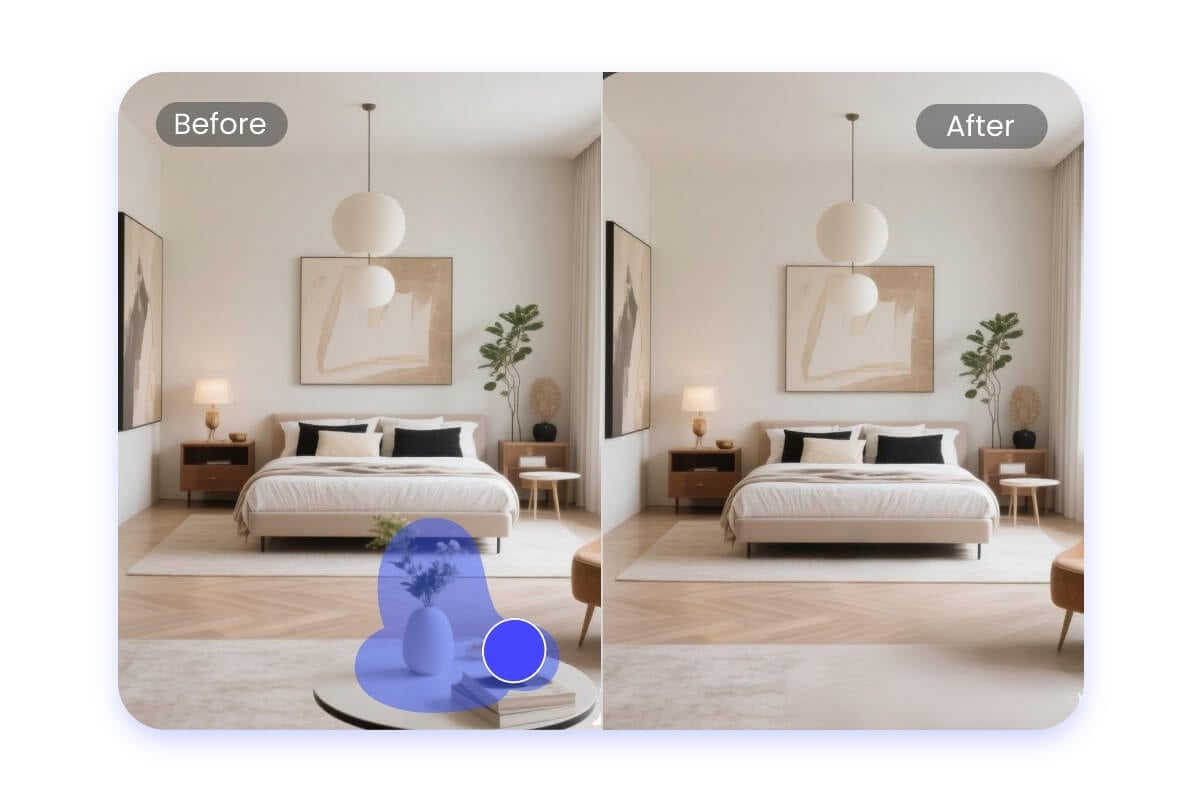 Remove unwanted objects in real estate photos before and after comparison