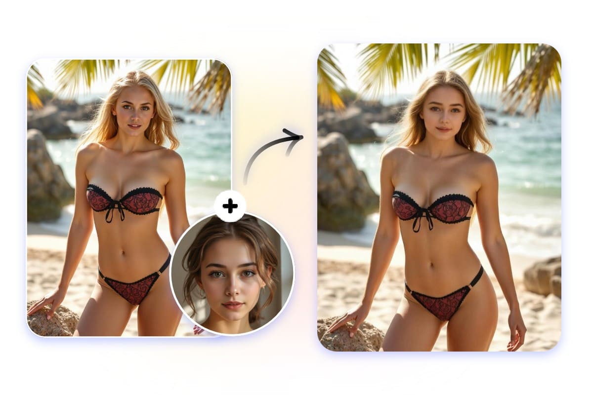 Remplacer le visage dune femme aux cheveux courts par celui dune fille en bikini aux cheveux longs avec Face Swap
