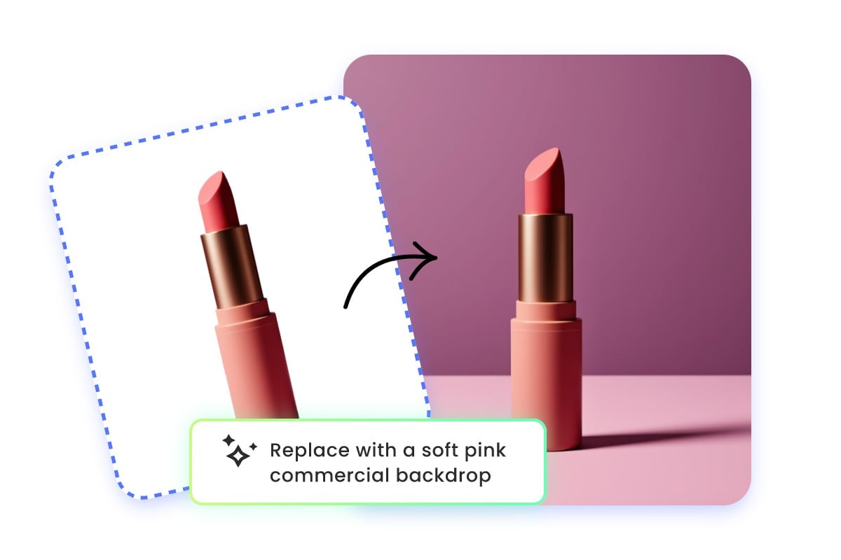 Replace background of a lipstick product with a professional commercial background instantly