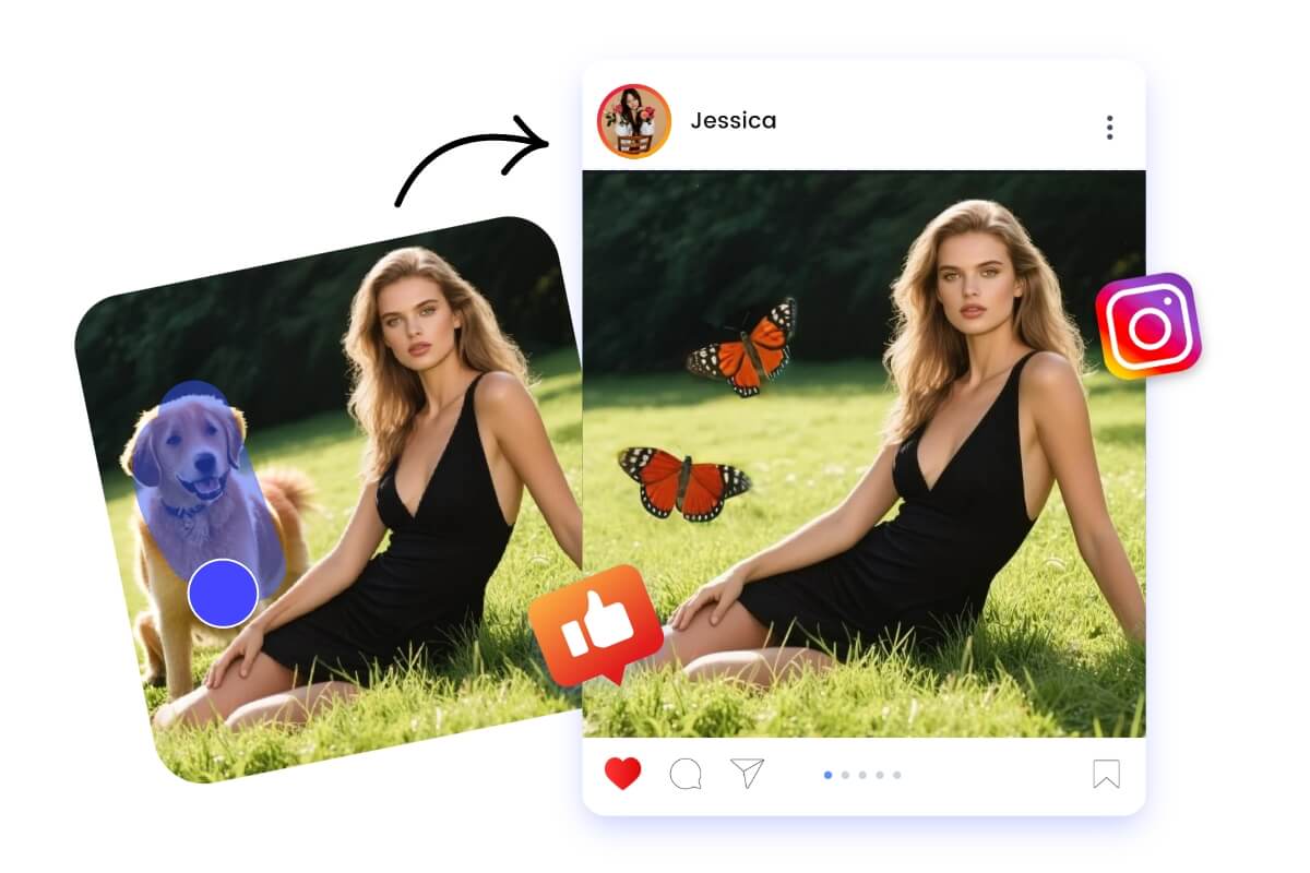Replace dog in a photo to butterflies to create share worthy social media images