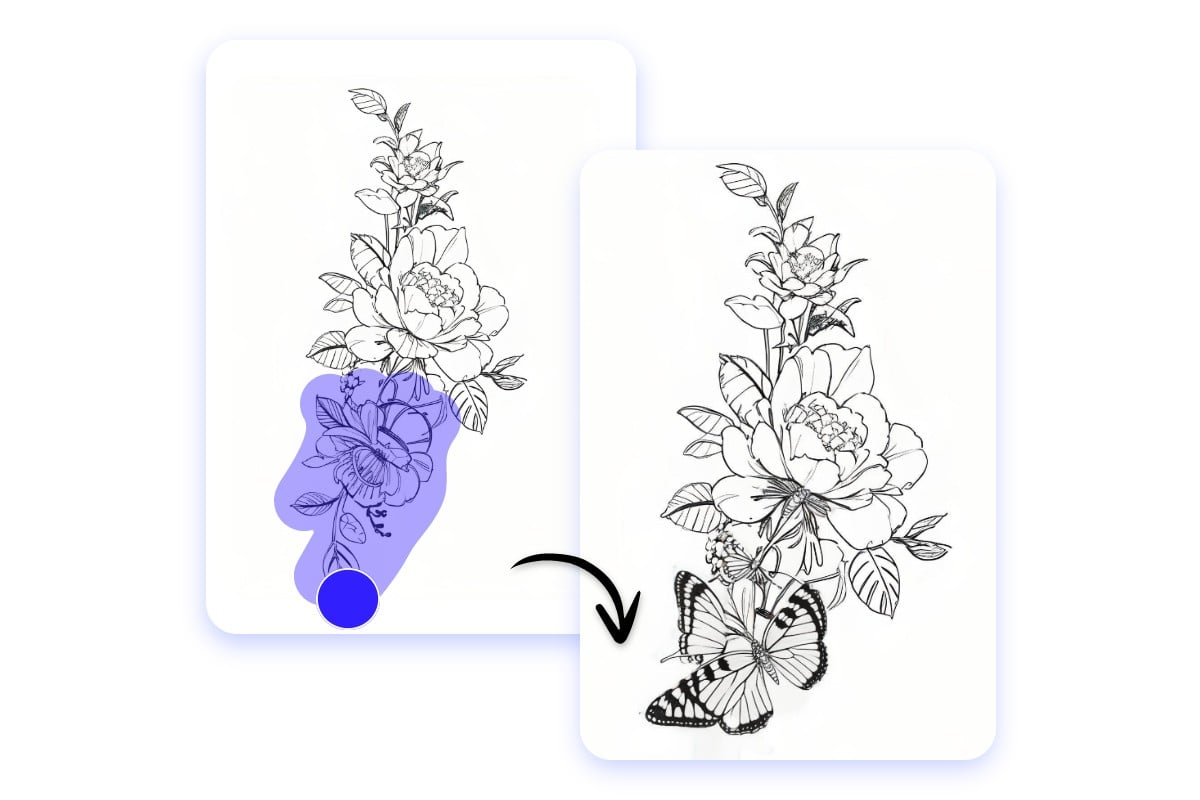 Replace parts of tattoo and turn flowers into butterfies with ai