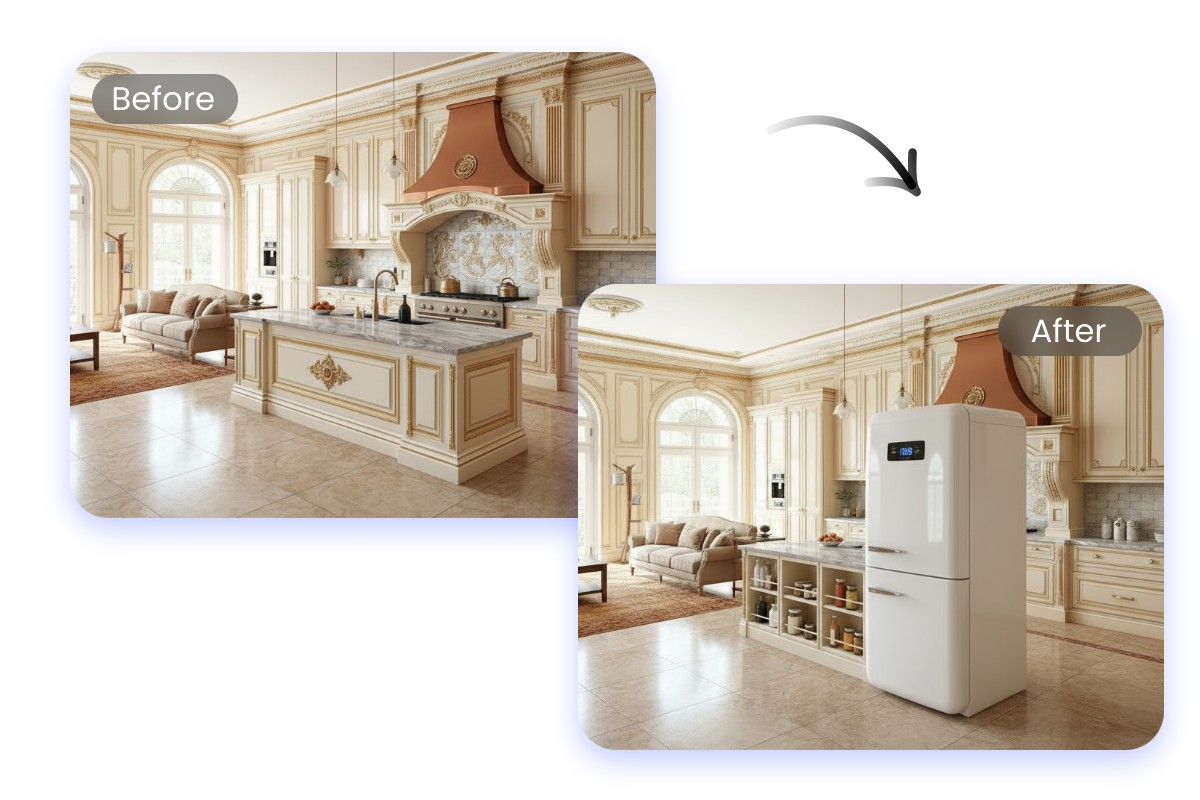 Replace the existing object with an ai generated fridge in your existing kitchen design