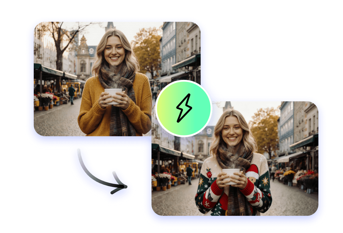 Replace the yellow sweater into a christmas ugly sweater for the woman with fotor free ugly sweater generator