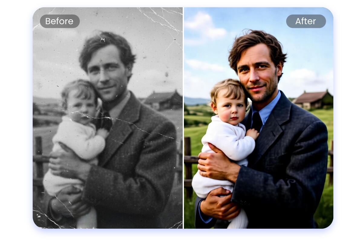 Restore a damaged black and white old photo of a father and son enhance its quality and colorize it