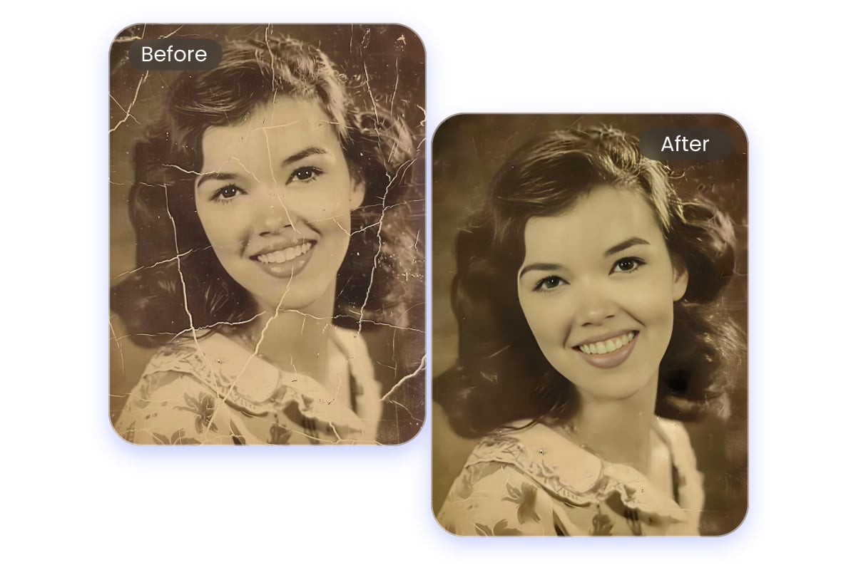 Restore a damaged female portrait photo with scratches and creases