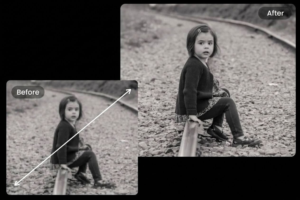 Restore a woman old photo with 4k image upscaler of fotor
